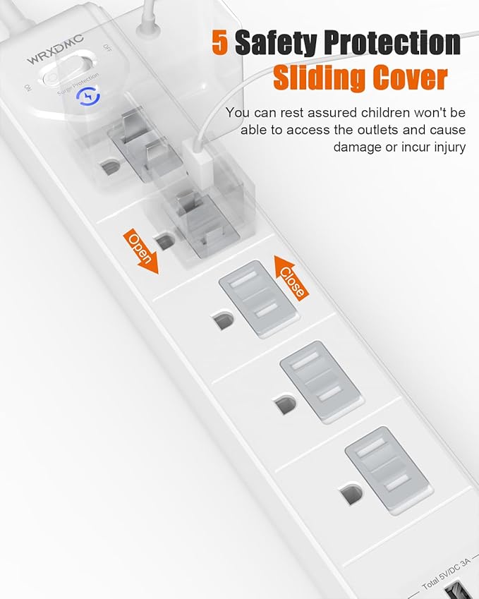 2 Prong Power Strip, WRXDMC 2 Prong to 3 Prong Outlet Adapter, 5ft Extension Cord with Polarized Plug, 1680J Surge Protector, 5 AC Outlets & 3 USB, Wall Mountable, Ideal for Non-Grounded Outlets