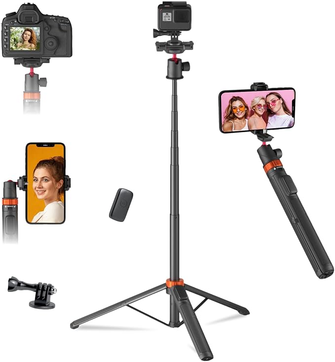 Action Camera Tripod with 360° Ball Head, 66.5'' Selfie Stick Tripod with