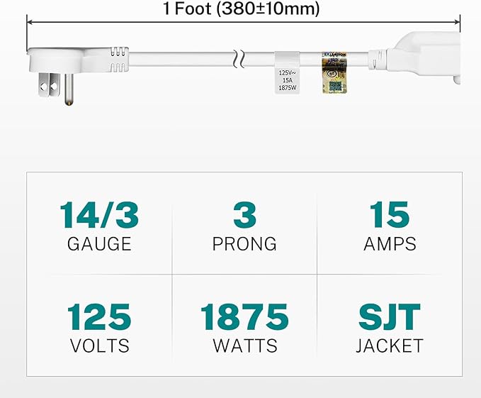 FIRMERST 1875W 1Ft Flat Plug 3 Prong Extension Cord 14 AWG 15A White, 6 Packs
