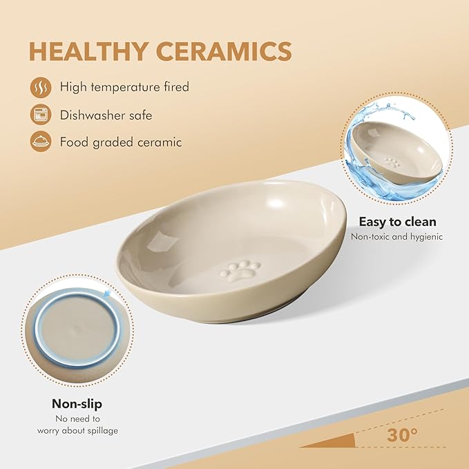 Raised Ceramic Wide Whisker Friendly Cat Dishes, Food&Water Bowl with 2 Style Stand Adjustable Pet Bowl Set(1Dish+1Shallow Dish+Stand