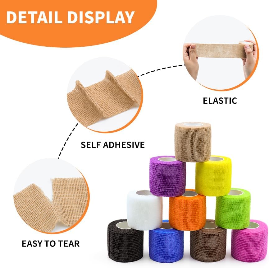 Self Adhesive Bandage Wraps - 24 Pack | 2" X 5 Yards Breathable Elastic Vet Wraps in 12 Colors