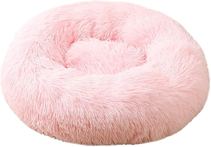 Calming Faux Fur Dog Beds Calming Donut Cuddler Dog Bed Washable Round Cat Bed Pillow Cuddler Fluffy Indoor Dog Calming Beds with Anti Slip Bottom Solid Color Light Pink 39 Inch