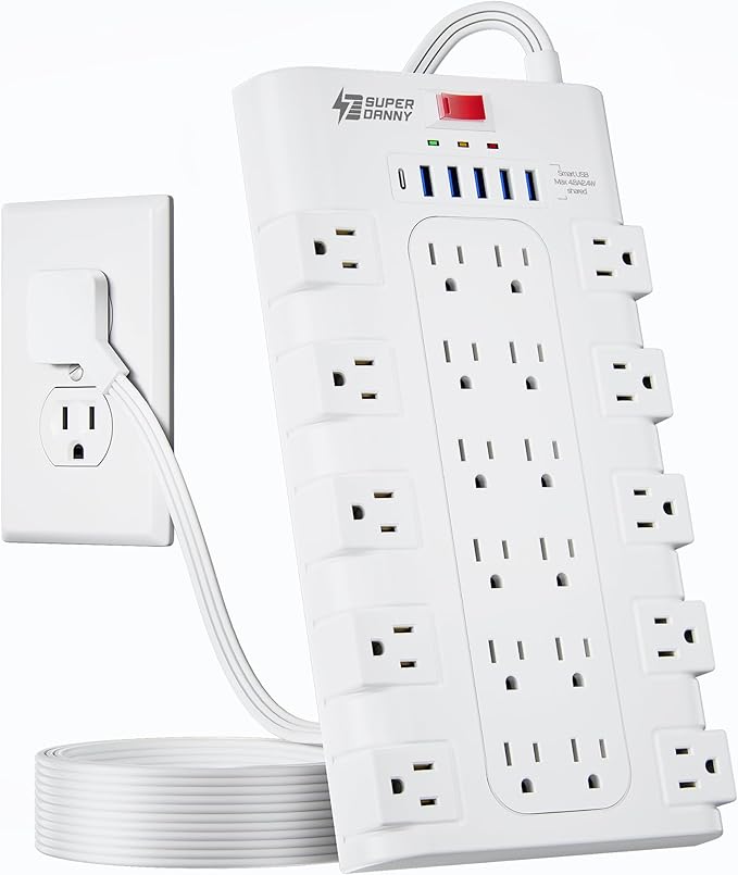 Flat Plug Power Strip 10Ft, SUPERDANNY Surge Protector with 22 AC Outlets and 6 USB (1 USB-C), 1875W/15A, 2100 Joules, Heavy Duty Extension Cord 10 ft for Home, Office, Dorm, Gaming Room, White