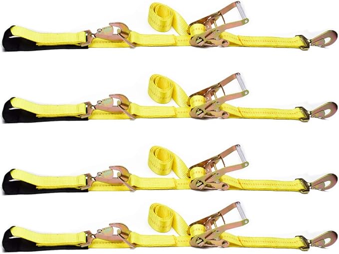 Stay There Axle Tie Down Combo Strap with Snap Hook Ratchet - 2 Inch x 114 Inch - 4 Pack - Classic Yellow - 10000lb Guaranteed Break Strength