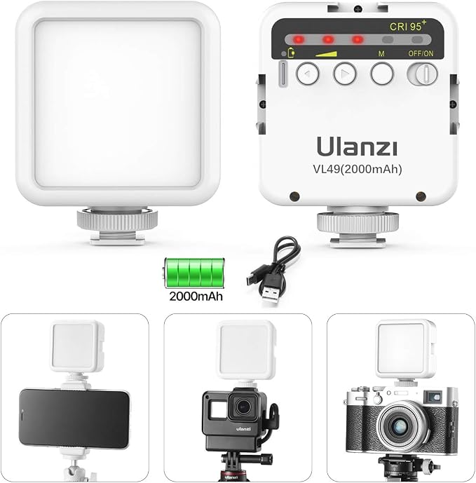 ULANZI VL49 2000mAh LED Video Light w 3 Cold Shoe, Rechargeable Soft Light Panel