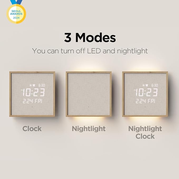 mooas Wooden Frame LED Silent Wall Clock