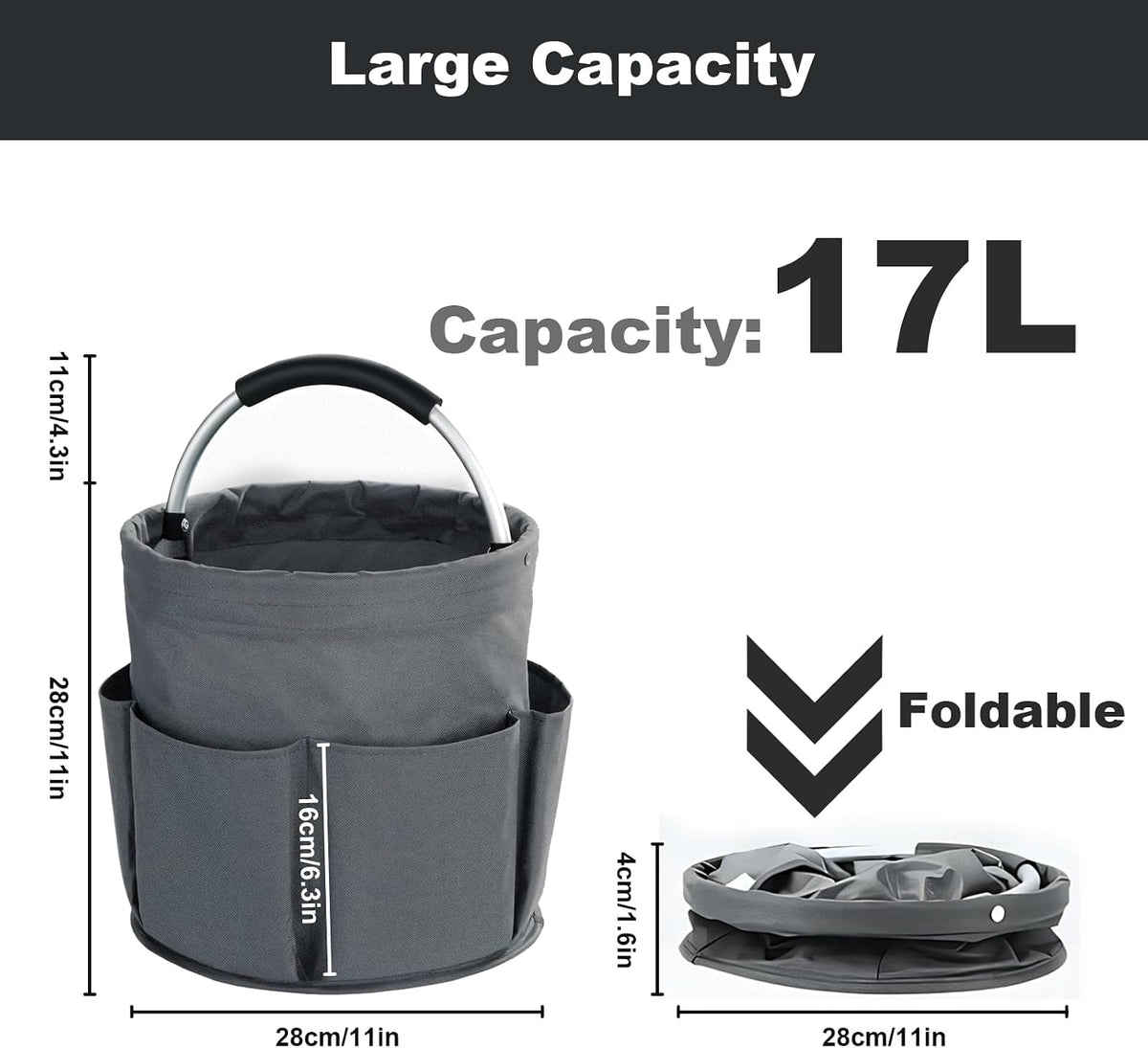 Cleaning Caddy with Handle, Cleaning Products Organiser, 17L Foldable Storage Basket, Cleaning Caddy Organiser, Portable Multi Cleaning Bucket Bag for Home, Garden (Dark Grey)