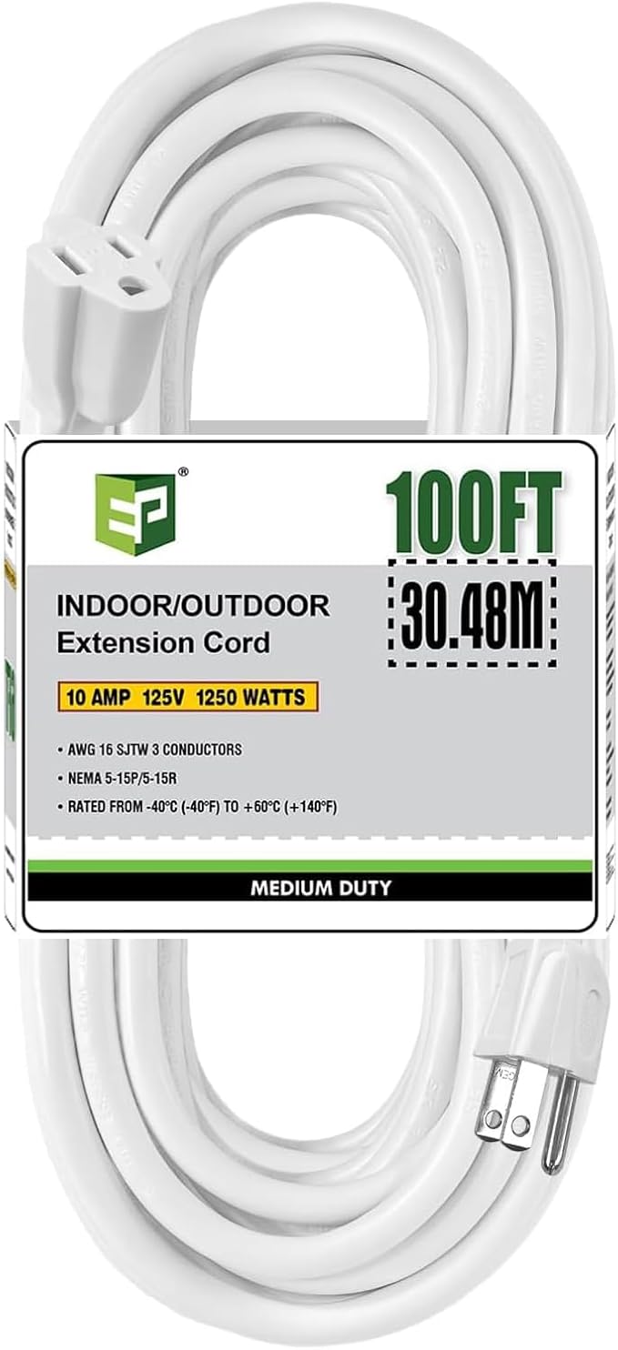 EP 100 Ft Outdoor Extension Cord - 16/3 SJTW White Electrical Cable with 3 Prong Grounded Plug