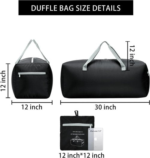 iFARADAY Foldable Duffel Bag - 30" | 75L Lightweight & Water-Resistant Travel Bag - Black