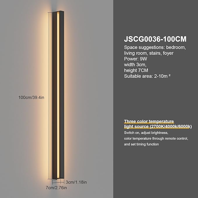 Aipsun Black Battery Operated Wall Sconce,9000mAh Rechargeable Wall Sconces Set of Two 3000K-6000K LED Wireless Wall Light for Bedroom, Hallway Living Room,39.4 Inch(2 Packs)