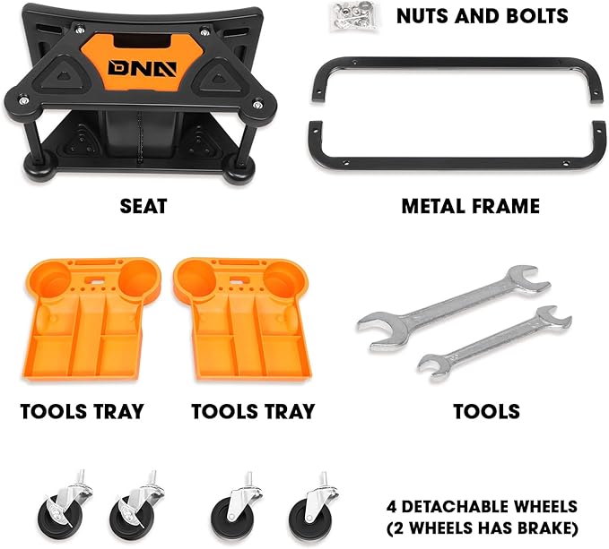 DNA Motoring TOOLS-00189 Mechanic Stool - 25-1/2" x 13" x 12" (L x H x W), Rolling Work Seat w/Lockable Swivel Wheels and Storage Tool Tray
