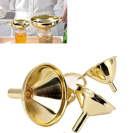 Zerodis Gold Stainless Steel Funnel Set with Narrow Valve Rod and Side Handle for Small Bottles and Containers