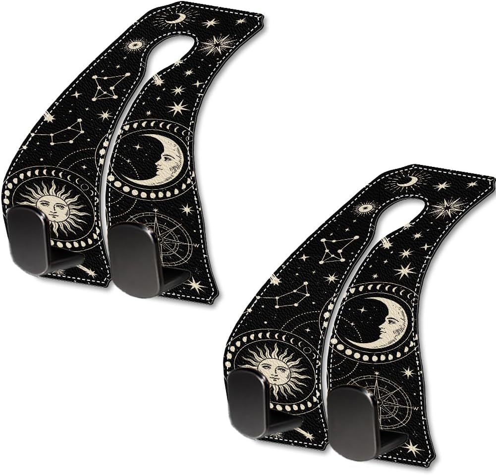 2Pcs Car Purse Hook for Headrest 6.5 x 3.3 Inch Moon Car Hooks Metal Leather Sun Moons Star Pattern Double Hanger Backseat Storage Organizers Accessories for Purse Handbags Bags Umbrellas