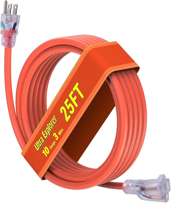 10 Gauge Heavy Duty Outdoor Extension Cord 25 FT, Waterproof Exterior Extension Cable with Lighted, 3 Prong Appliance Power Cord Outside, SJTW, 125 VAC, 15 Amp, 1875 Watts, Orange
