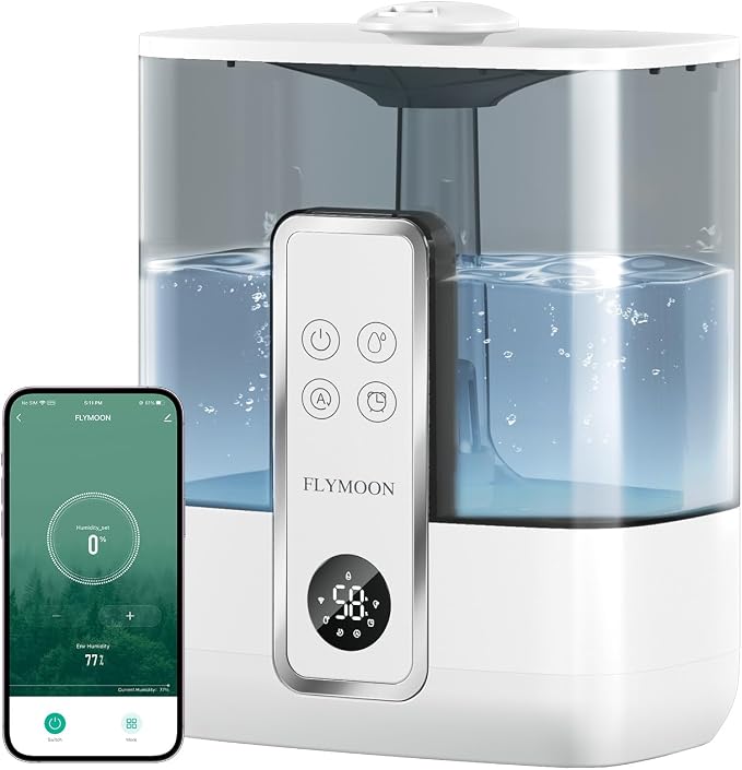 FLYMOON Mist Humidifier for Bedroom, Humidifier with Top Fill, 5L Water Tank, Leak-Proof, 28dB, Tuya App Control, Humidifiers for Large Room, Home, Plants,White
