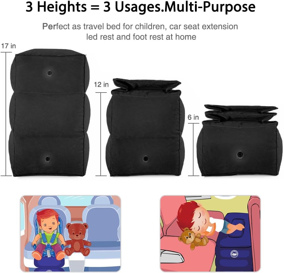 Inflatable Foot Rest Pillow Airplane Travel Kids Black (2 Pack)