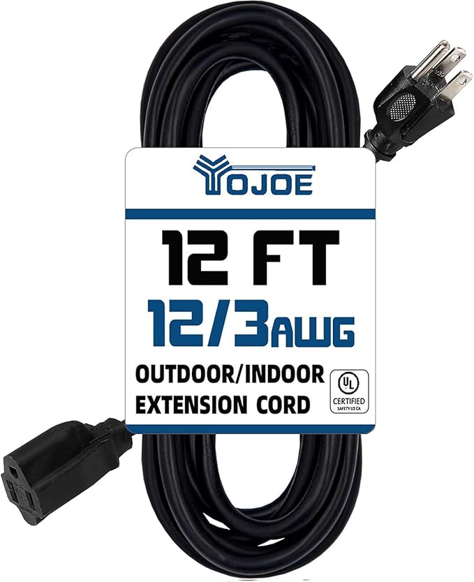 YOJOE Indoor Outdoor Extension Cord, 3 Prong 15A Weatherproof Power Cord, 12 Gauge Heavy Duty 12 ft Black Extension Cord for Garage, Garden and Home, 12/3 SJTW UL Listed