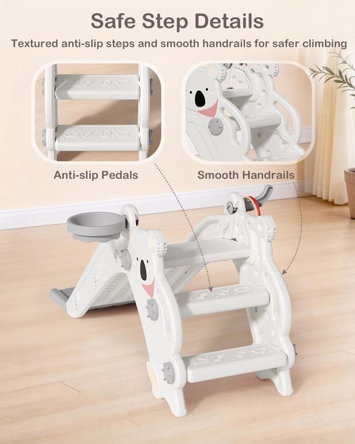 Babytronic Toddler Slide - 4-in-1 Indoor & Outdoor Playground with Climber, Basketball Hoop & Ring Toss | Cream & Gray