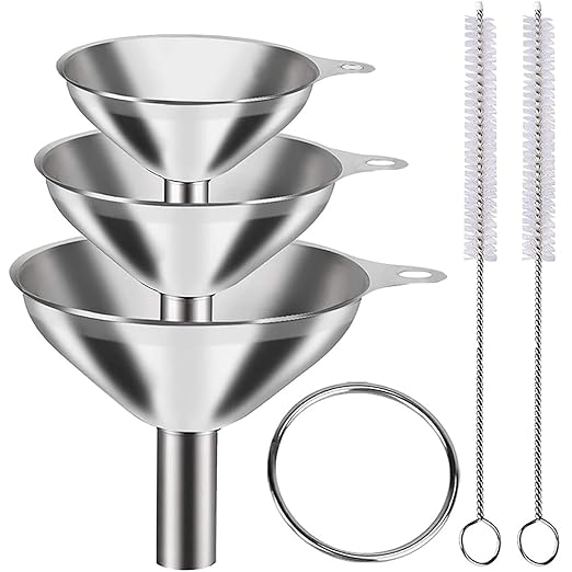 Generic Kitchen Funnels Set for Bottles, 3pc Small/Medium/Large Food Grade Stainless Steel Metal Funnels with 2 Cleaning Brushes for Liquids, Essential Oils, and Spices