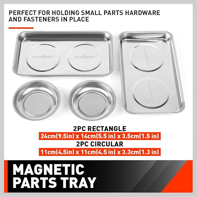 HORUSDY 4-Piece Large Magnetic Parts Tray Set, Stainless Steel Heavy Duty 9.5" W x 5.5''L Square and 4.5" Round Magnetic Trays Tools Parts Tray