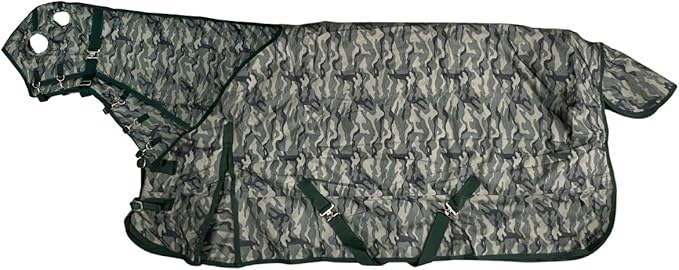 AJ Tack 1200D Waterproof Winter Horse Blanket with Hood - 400g Heavyweight Turnout with Fleece Collar, Shoulder Gussets & Tail Flap - Camouflage 66"