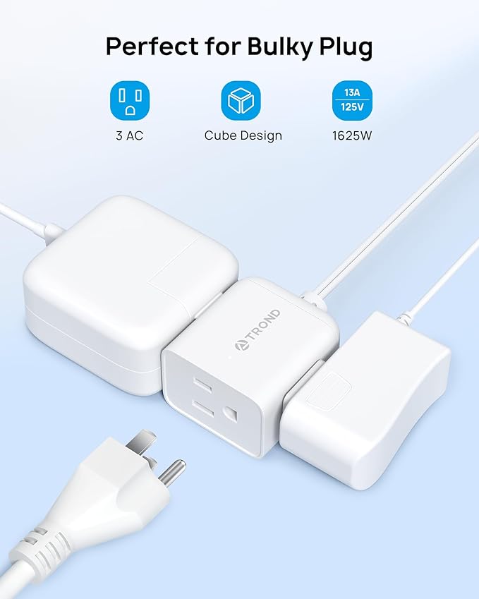 TROND Indoor 2 Prong to 3 Prong Extension Cord - Polarized Flat Plug Three Outlet Extension 3ft, 16 Gauge Cable, 1625W for Non-Ground Socket in Old House School Home Office Kitchen Travel, White