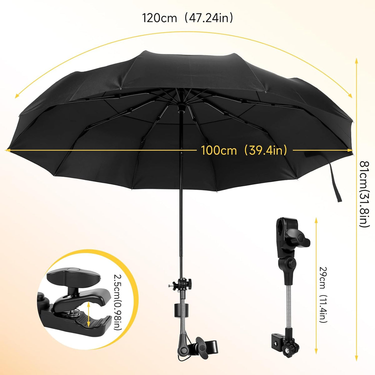 Skiennix Chair Umbrella - Double Canopy Sunshade with 360° Swivel & UPF 50+ Protection | 39.4in Clip-On for Beach, Camping, Stroller, Wheelchair, Golf Cart