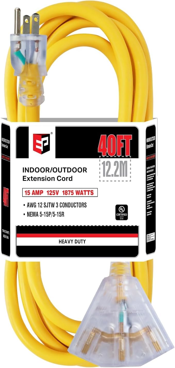 EP 40 Ft 12 Gauge Heavy Duty Extension Cord, 15A 125V 1875W, 3 Outlet Indoor/Outdoor Power Cord with Lighted End, 12/3 SJTW Weatherproof Yellow