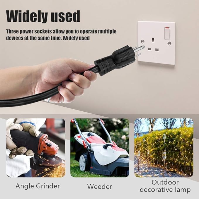 3FT 12/3 Outdoor Extension Cord, Heavy Duty 3-Outlet SJTW Indoor/Outdoor Three-Prong Power-Cord 12-Gauge Grounded 15-Amp 1875 Watts