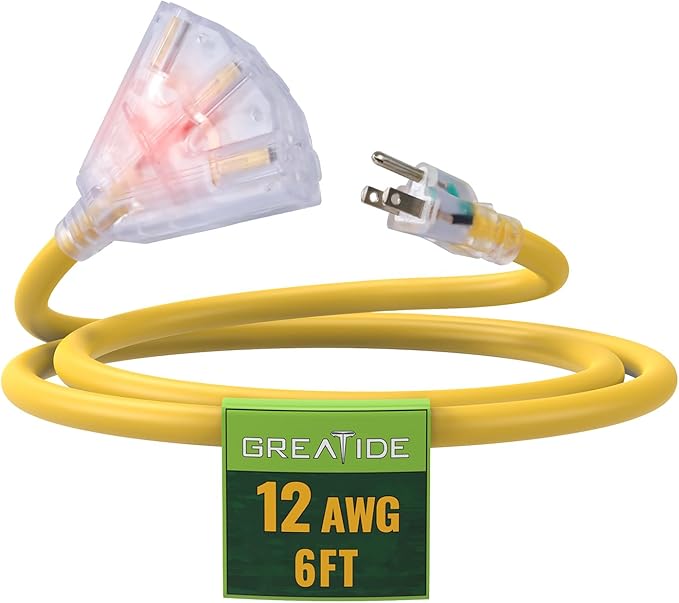 6 Ft Lighted Outdoor Extension Cord with 3 Electrical Power Outlets - 12/3 SJTW Heavy Duty Yellow Extension Cable with 3 Prong Grounded Plug for Safety, UL Listed