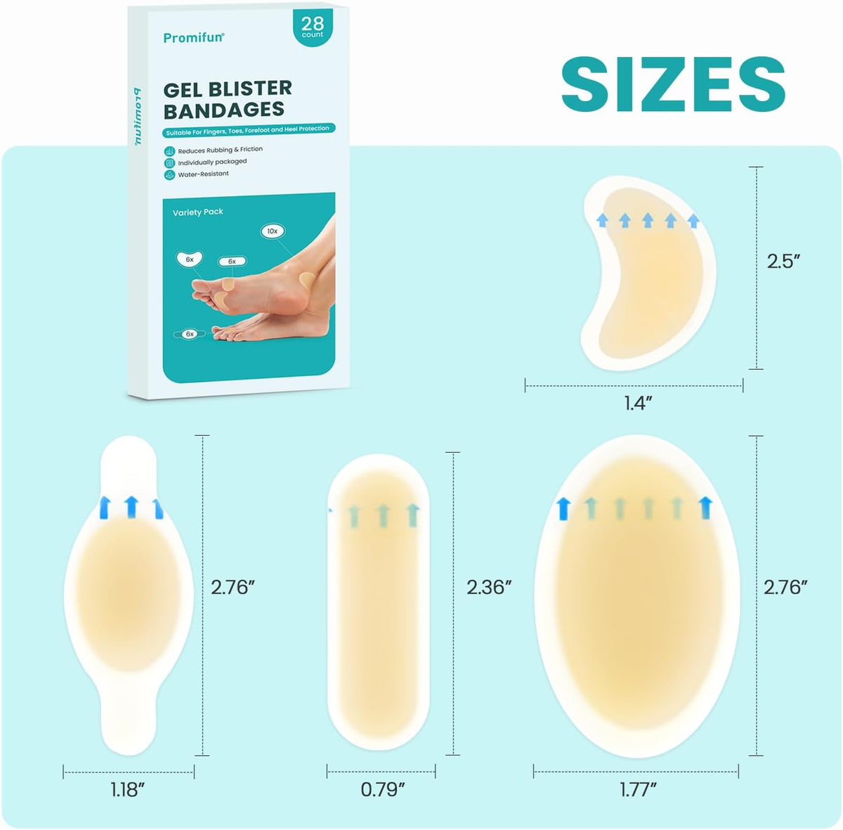 Promifun Blister Pads - 28 ct Water Resistant Hydrocolloid Bandages for Foot, Toe, Heel - Gel Blister Cushions for Prevention & Recovery, Variety Pack