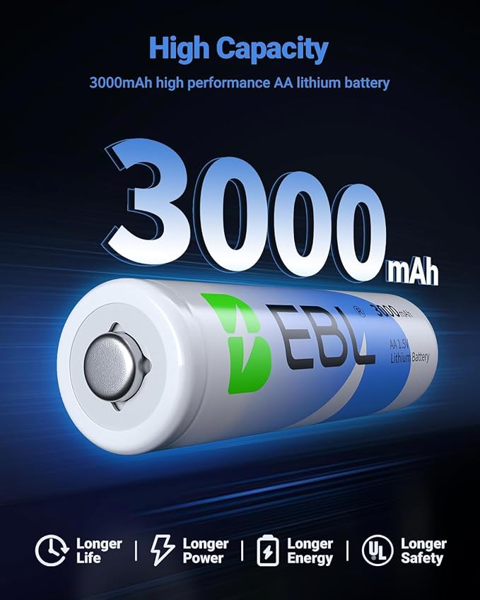 EBL Lithium Batteries AA 4 Pack, 3000mAh 1.5V Non-Rechargeable High Performance