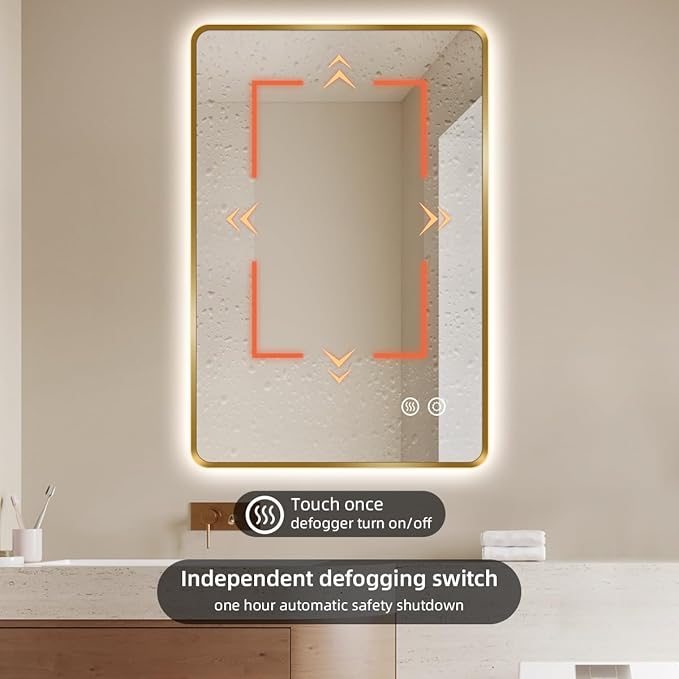 32" x 40" Gold LED Bathroom Mirror, Smart Touch Switch, Anti-Fog Mirror, 3-Color Dimmable, CRI≥93, Wall-Mounted Backlit Mirror with Lights for Modern Bathroom (Horizontal/Vertical)