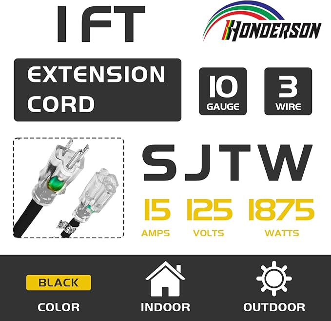 Extension Cord with Lighted End, UL Certified, 10 Gauge 1FT Black 3 Prong Heavy Duty, 10/3 SJTW 15A Power Cord for Lights, Lawn