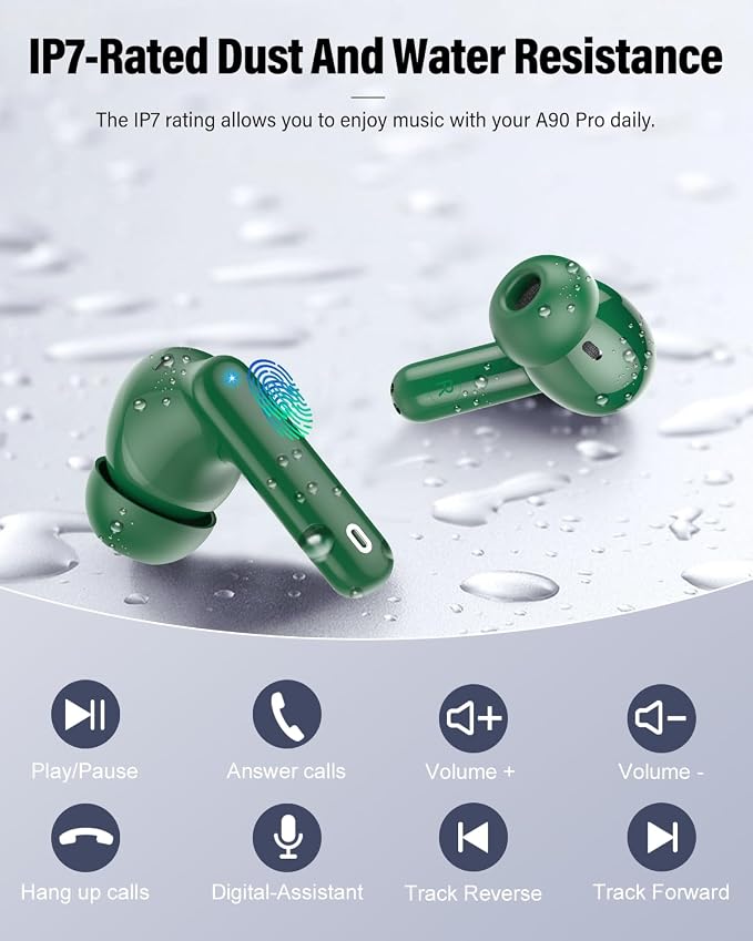 Wireless Earbuds, Bluetooth 5.4 Headphones Bass Stereo/Clear Calls, Green | Ear Buds with Noise Cancelling Mic LED Display in Ear Earphones IP7 Waterproof 36H Bluetooth Earbuds for Phones/Sport/Laptop