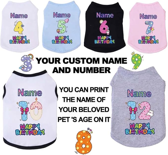 Custom Dog Birthday Shirt,Personalized Pet Apparel Print with Name Age Number,Pet Birthday Outfit,Lightweight Breathable Cotton Vest for Small Medium Large Dogs Cat (White, 5X-Large)