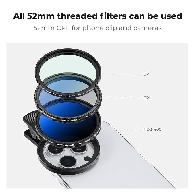 K&F CONCEPT 52mm Clip-on CPL Phone Camera Lens Filter Kit, Circular Polarizer