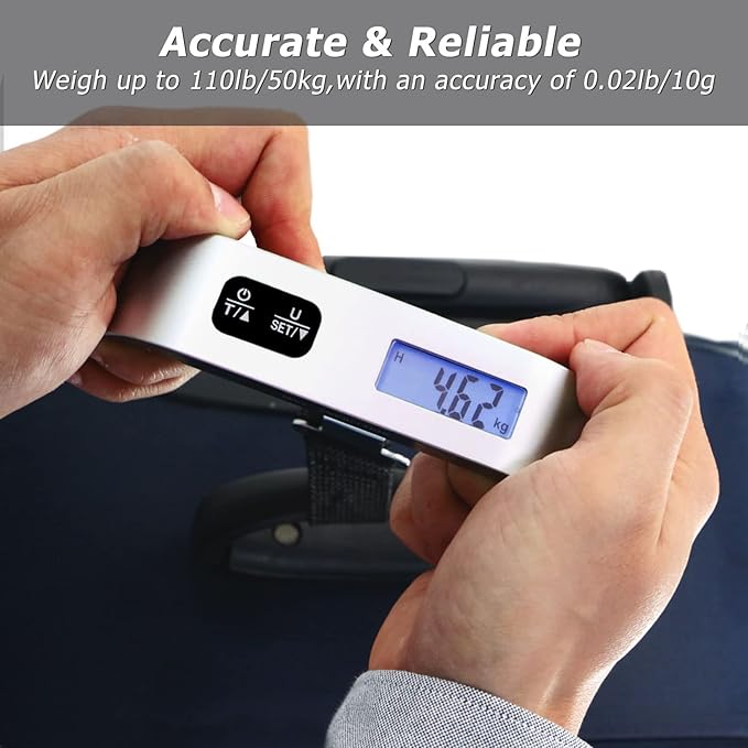 travel inspira Luggage Scale, Portable Digital Hanging Baggage Scale for Travel, Suitcase Weight Scale with Rubber Paint, 110 Pounds, Battery Included, Sliver, 2 Pcs