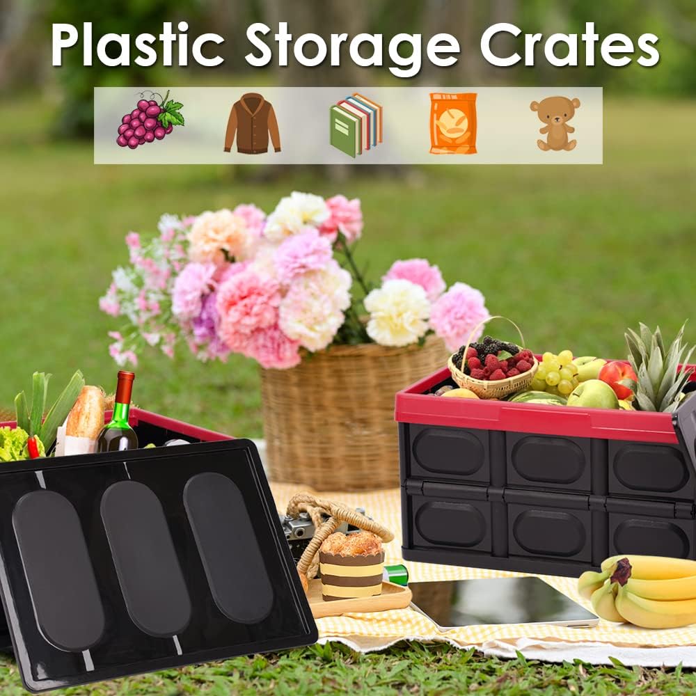 Phyllia 28L-Black Plastic Storage Crates, Pack of 2 Collapsible Plastic Crates Bins Basket, Stackable Storage Boxes Container with Lid for Car Home Office Kitchen Clothes Shoes
