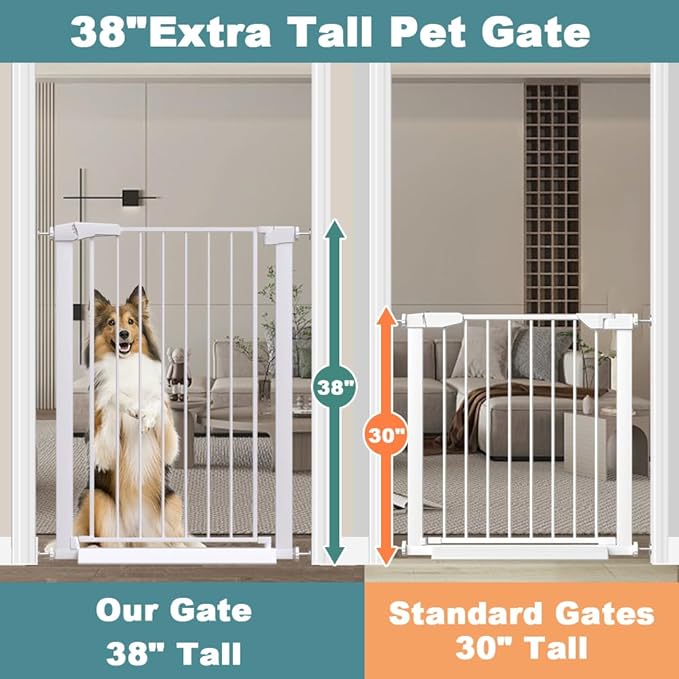 Fairy Baby 38" Extra Tall Dog Gate for Stairs and Doorways, 54.4"-57.0" Extra Wide Pet Gate, Metal Auto Close Safety Child Gate, Pressure Mounted Dog Gate No Climb Fence for Kid or Pet, White