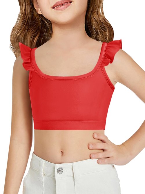 Haloumoning Girls Training Bra Kids Cute Ruffle Sports Bra Workout Yoga Bra Comfort Dance Crop Top Red