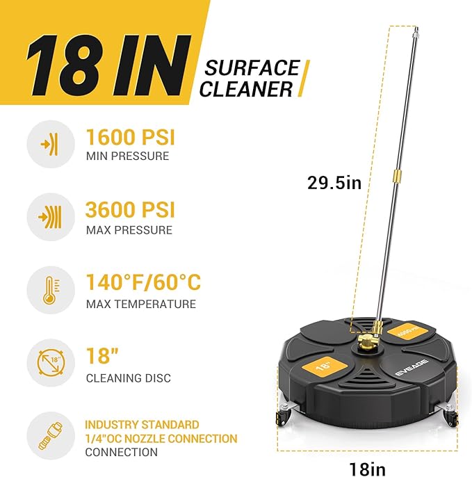 EVEAGE 18 Inch Large Size Pressure Washer Surface Cleaner Attachment with Wheels, 4000 PSI Power Washer Accessory with 1/4" Quick-Connect,2 Extension Wand for Driveways Sidewalks Patios Cleaning