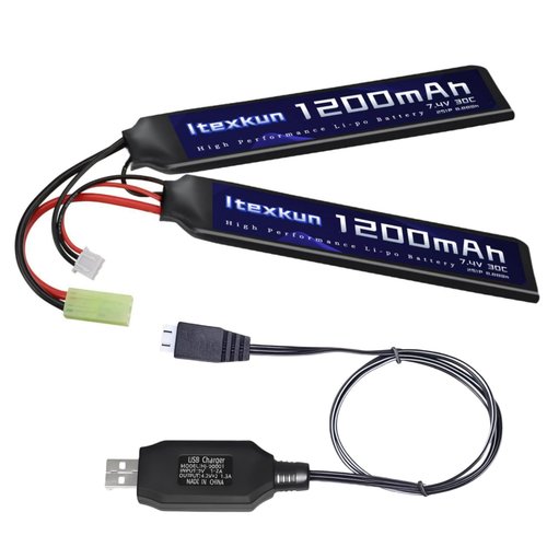 Itexkun Airsoft Battery 7.4V 1200mAh Lipo Battery 2S Small Tamiya Plug Rechargeable 30C High Discharge Rate with Charger for Airsoft Model Guns