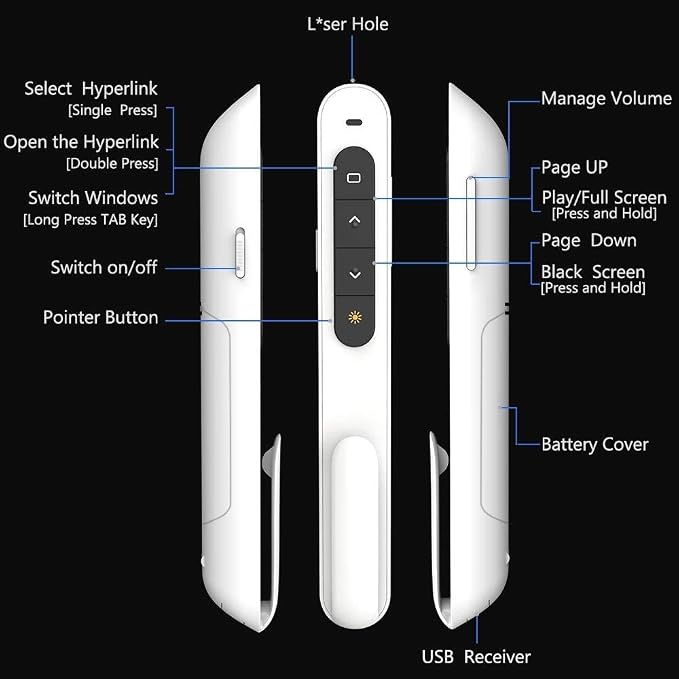 DinoFire White Wireless Presenter, Volume Control Presentation Clicker