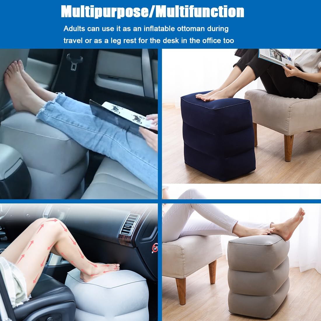 Inflatable Foot Rest for Air Travel,Airplane Travel Foot Rest Adjustable Height,Car/Airplane,Footrest Pillow with Pump for Office,Airplane,Train,Cars,Home