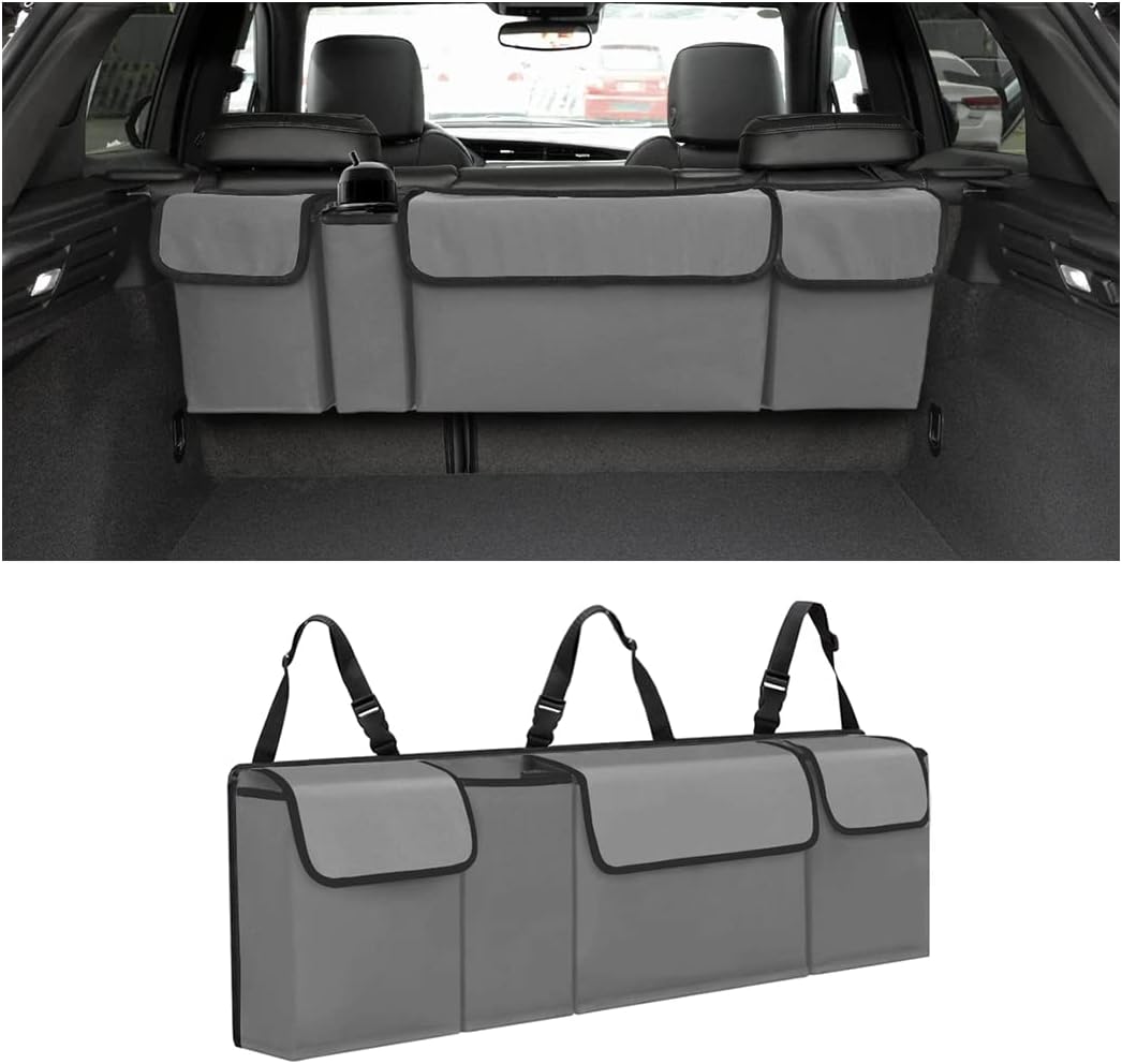 AUCELI Car Trunk Organizer, Backseat Hanging Large Storage with Adjustable Straps, Waterproof Collapsible Cargo Bag with 4 Pockets, Sturdy Space Saver Frees Trunk Floor for SUV, Truck, MPV