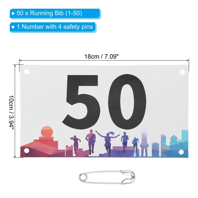 PATIKIL Tearproof Running Bib Numbers 7x4 Inch, 1-50 Waterproof Race Competitor Numbers with Safety Pin for Marathon Sports Game Competition Runner, Multicolor