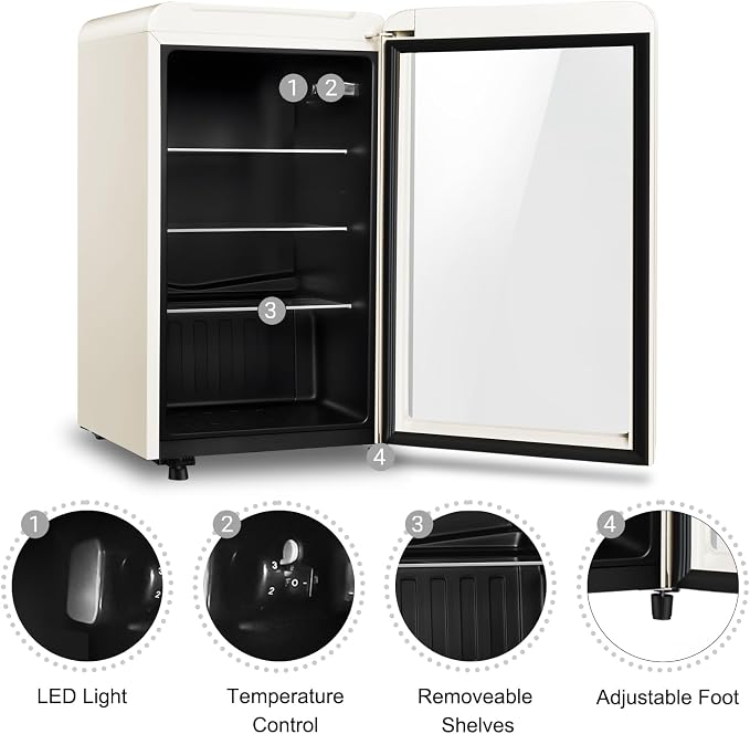 Retro Beverage Refrigerator Cooler, 3.2 Cu.ft Mini Fridge with Glass Door for Soda Beer Wine, Beverage Cooler Prefect for Home, Bar
