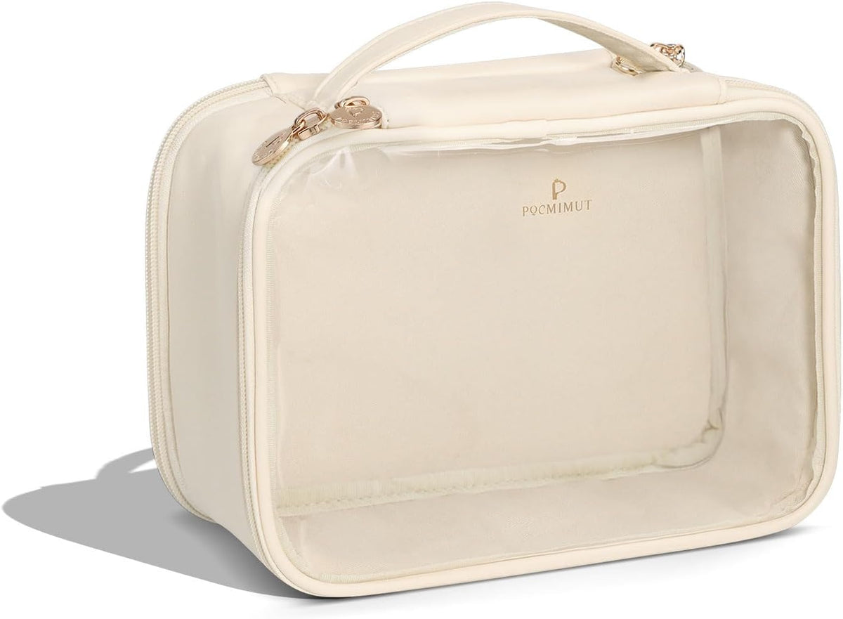Pocmimut Clear Makeup Bag,Double Layer Large Cosmetic Bag with Makeup Brush Bag,TSA Approved Toiletry Bag Makeup Case Car Accessories Travel Essentials Organizers for Women,Begie