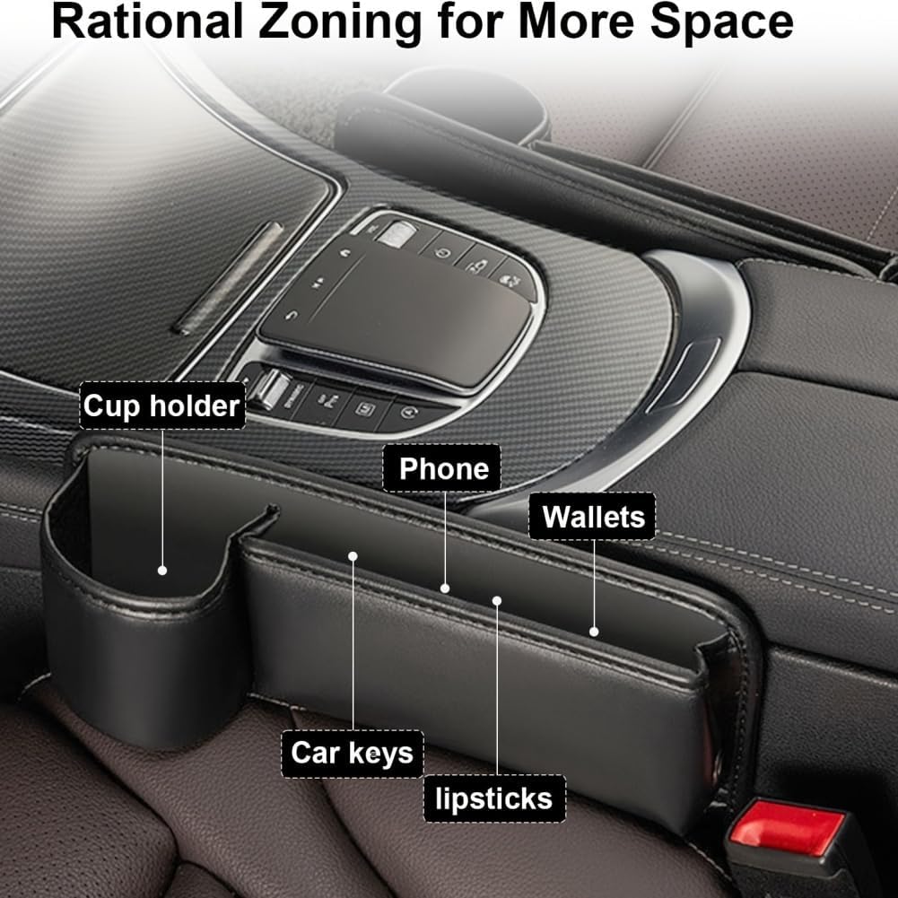 Car Seat Gap Filler Organizer with Cup Holders, Seat Gap Storage Box for Drinks, Phones, Keys, Sunglasses, Cards, and Small Essentials (Beige, Driver's Seat)